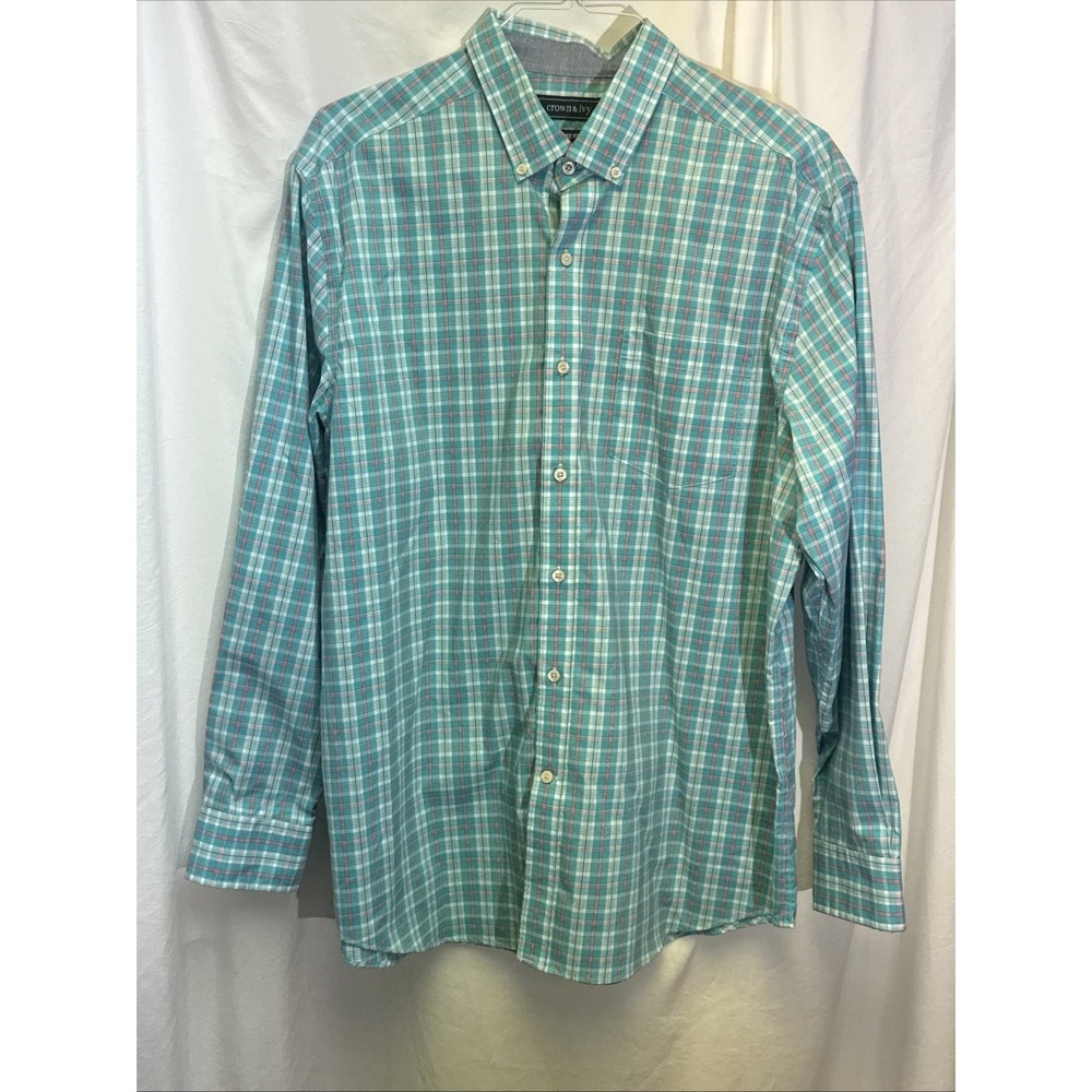 Crown & Ivy Men's XL Classic Fit Teal/Pink/White Plaid Button-Down Long Sleeve